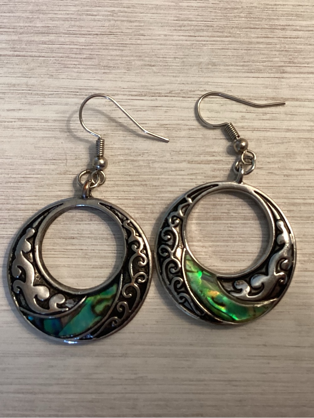 Silver Crescent Hoop Earrings with Green Abalone Inlay